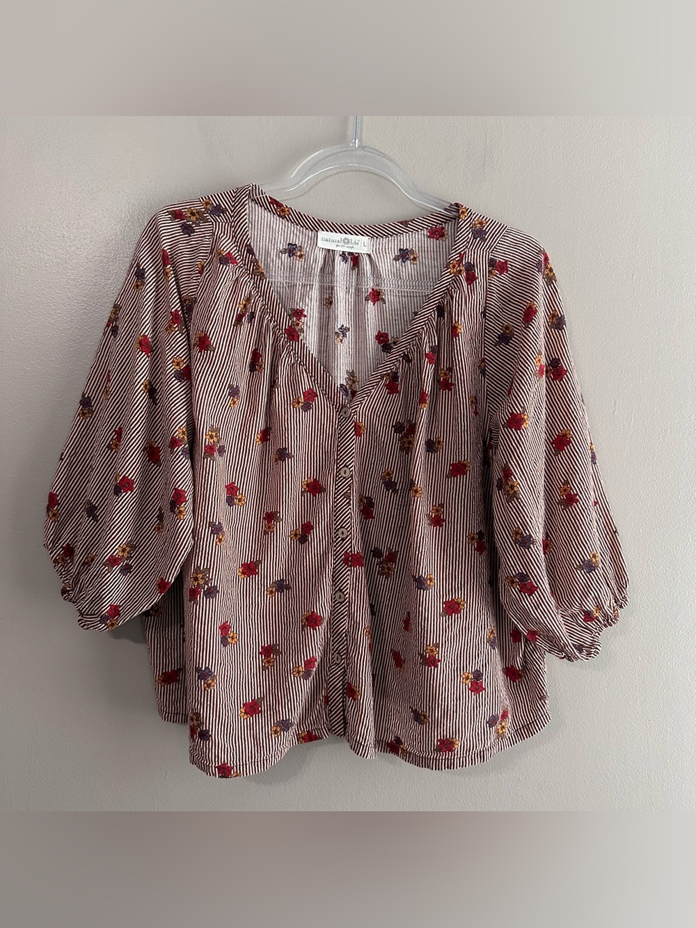 Natural Life Floral Stripe Relaxed Boho Buttondown Peasant Blouse Womens Large